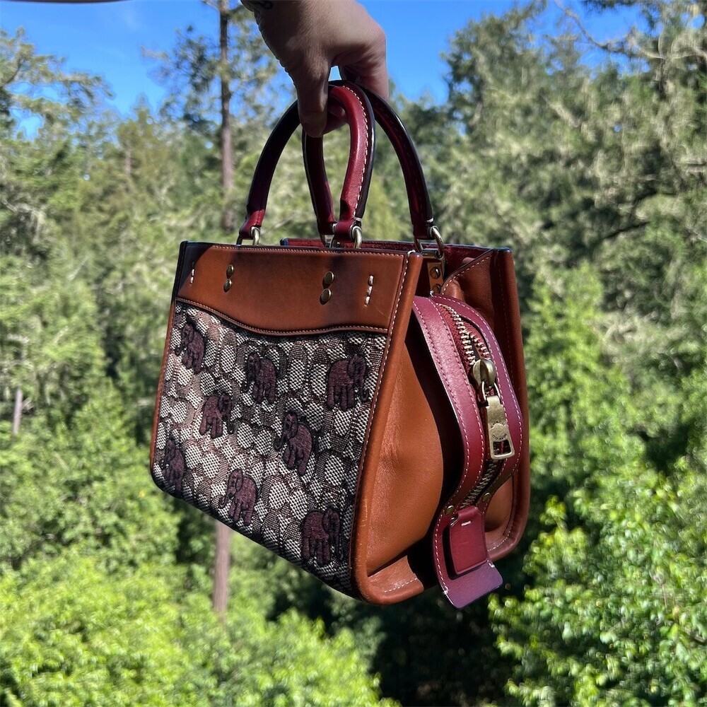 COACH Rogue 25 Signature Textile Jacquard w Embroidered Pink Elephants Handbag - Picture 5 of 16